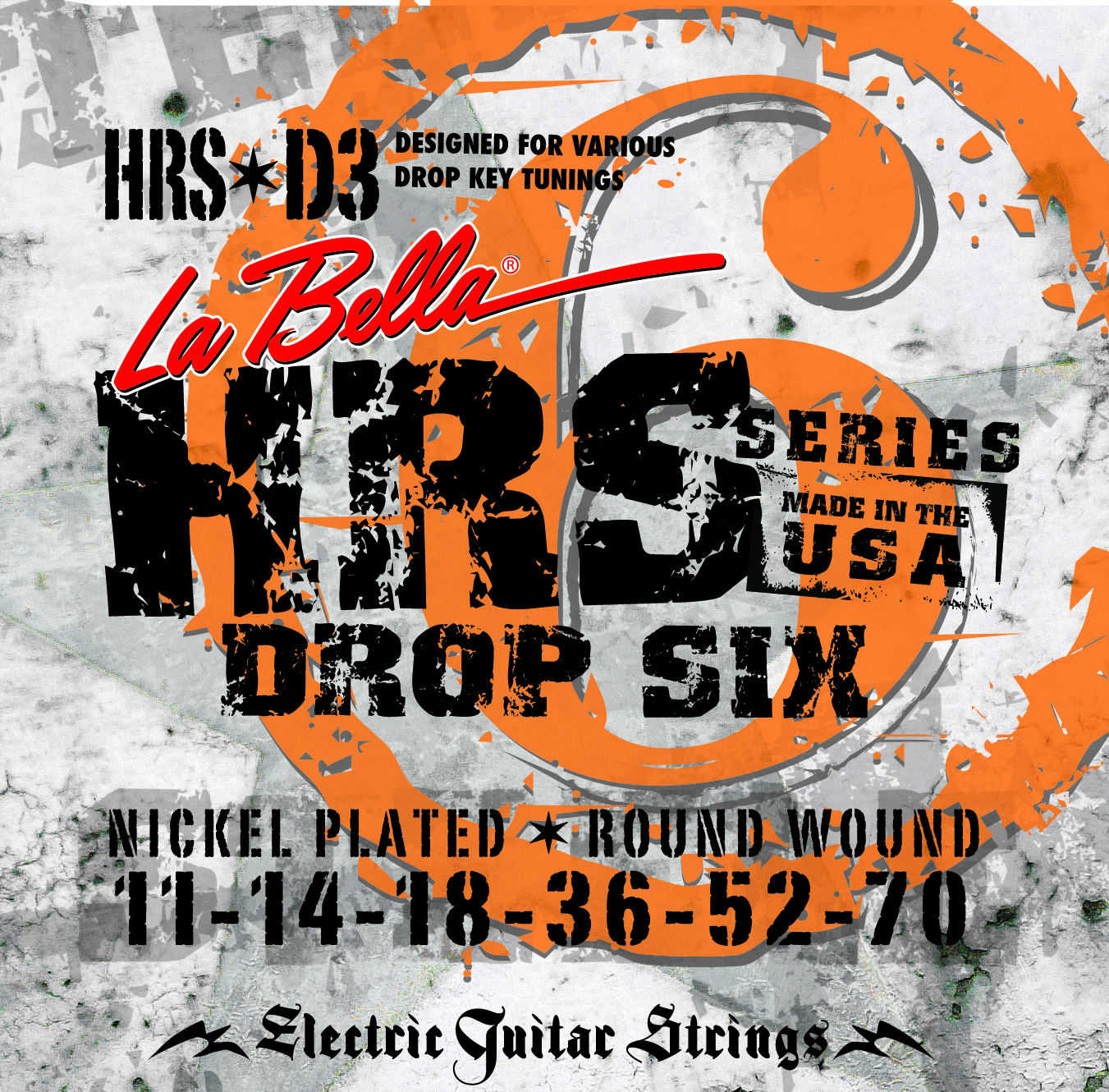 HRS-D3 Hard Rockin Steel Drop Six Комплект струн для электро-гитары.(11-70) / LA BELLA